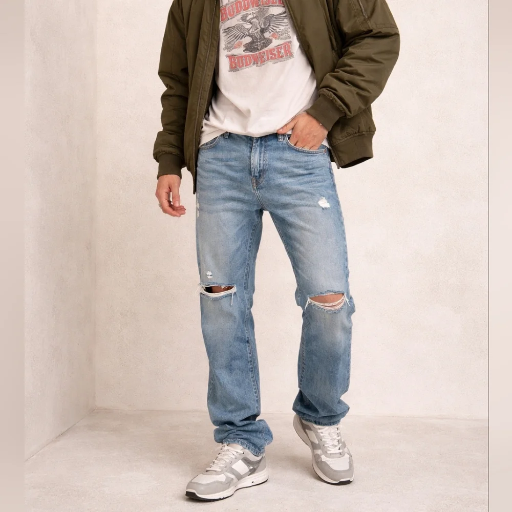 American Eagle Men Blue Wash Distressed Jeans Slim Fit Y2K Streetwear Grung